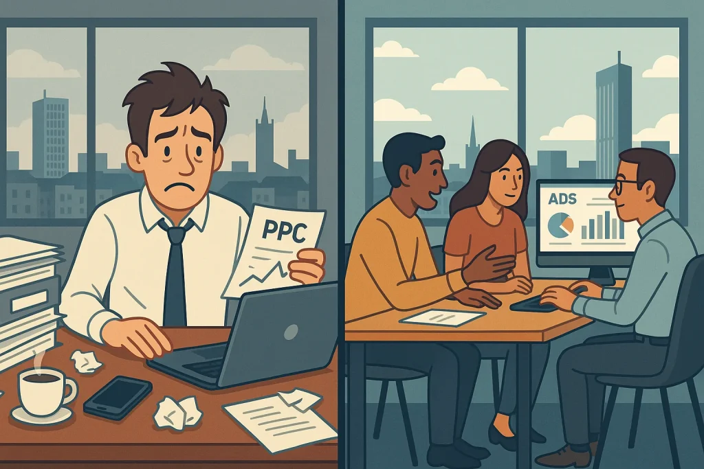 Split-screen image showing the difference between DIY PPC management and working with a PPC agency, with Manchester city in the background.