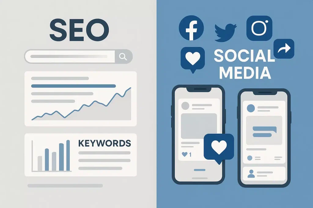 Illustration comparing SEO and social media marketing strategies, with search results and analytics on one side and social media icons and engagement metrics on the other.