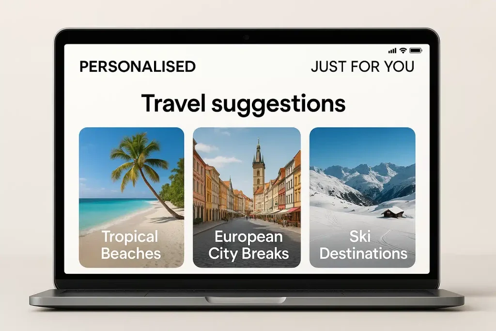 Visual of a smart holiday booking website showing personalised travel recommendations like beach holidays, city breaks, and skiing trips based on user preferences.