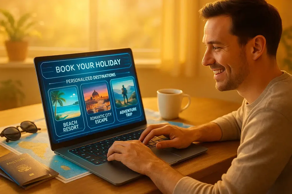 Person using a laptop to browse a personalised travel booking website showing custom holiday suggestions like beach, city, and adventure destinations.