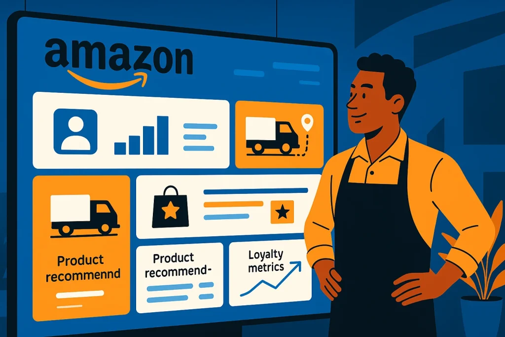 Business owner exploring smart marketing tools inspired by Amazon's customer-first strategy, with screens showing data, delivery, and personalisation elements.