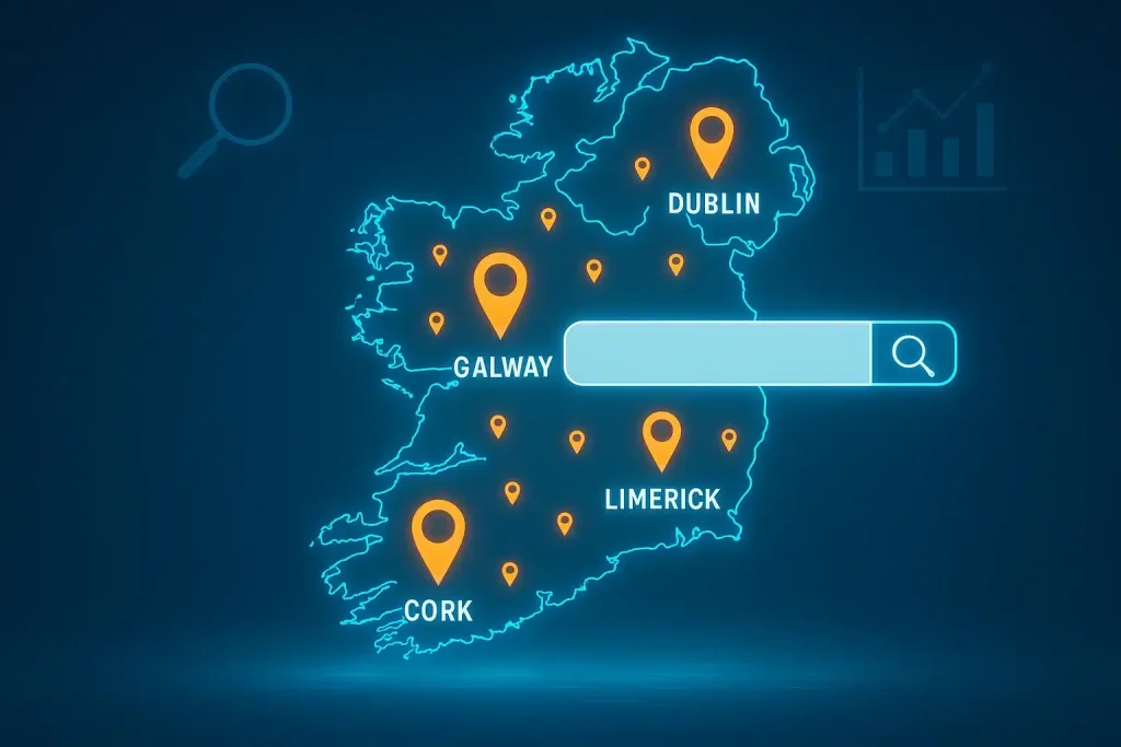 Map of Ireland with location pins and search icons representing local SEO across Irish counties.