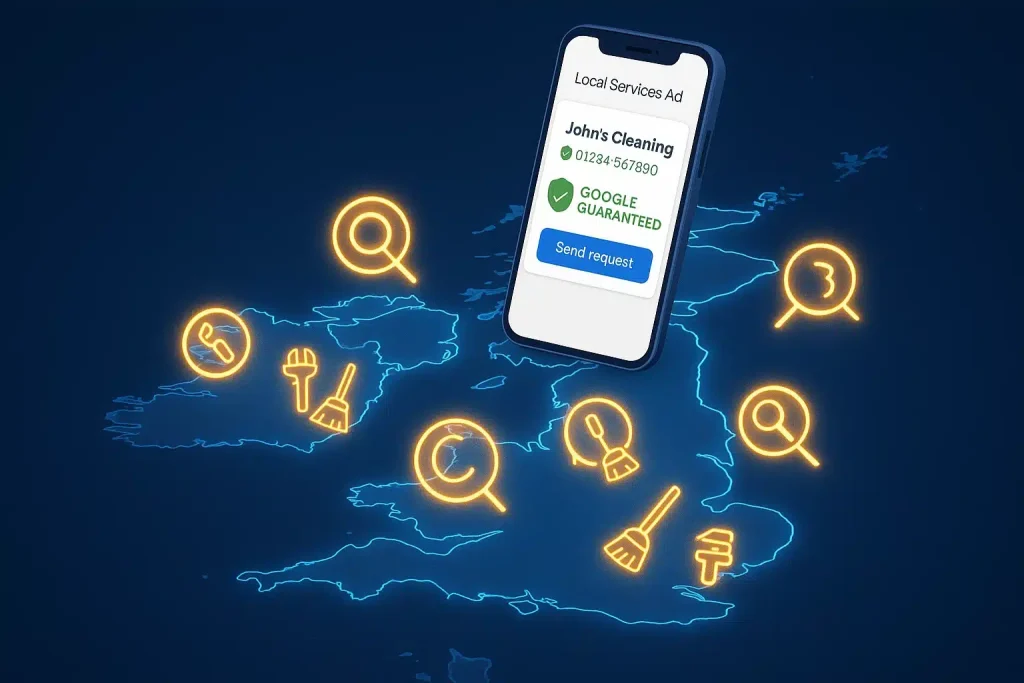 Map of the UK and Ireland with Google Guaranteed badges and service listings highlighting local search visibility.