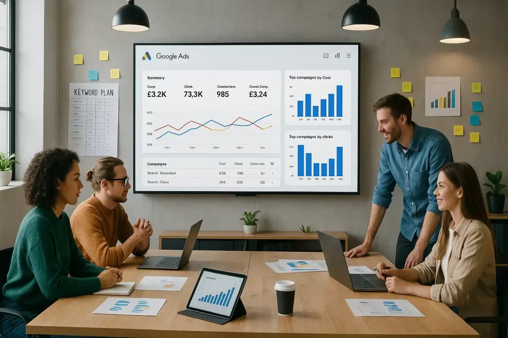 Digital marketing team working on a Google Ads campaign in a modern office with dashboards and planning materials.