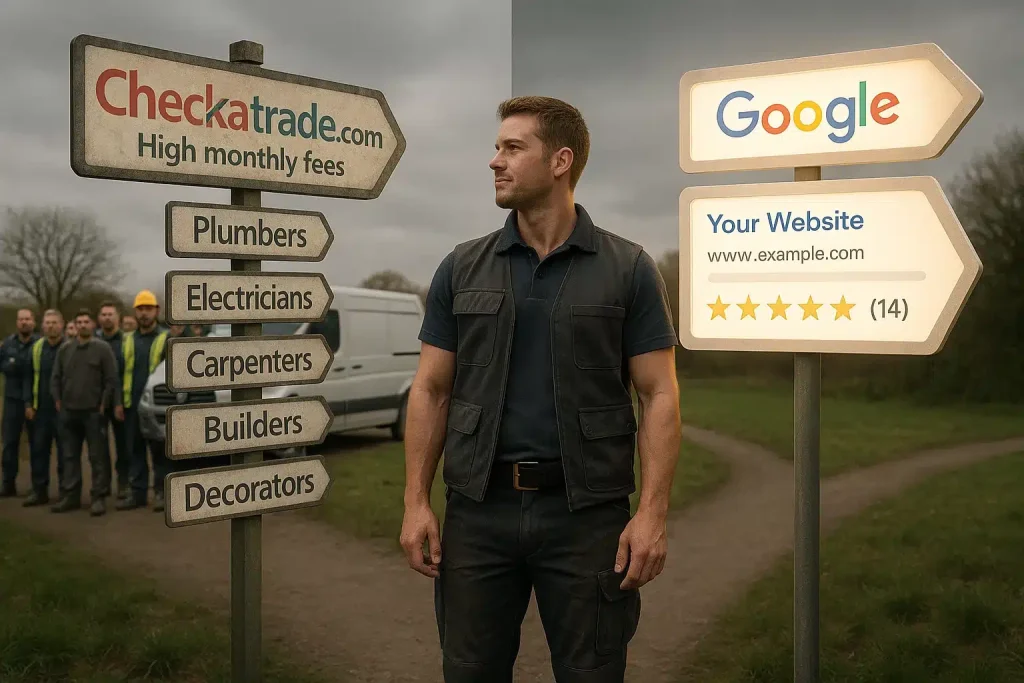 Tradesperson choosing between Checkatrade and SEO with their own website ranking first in Google.