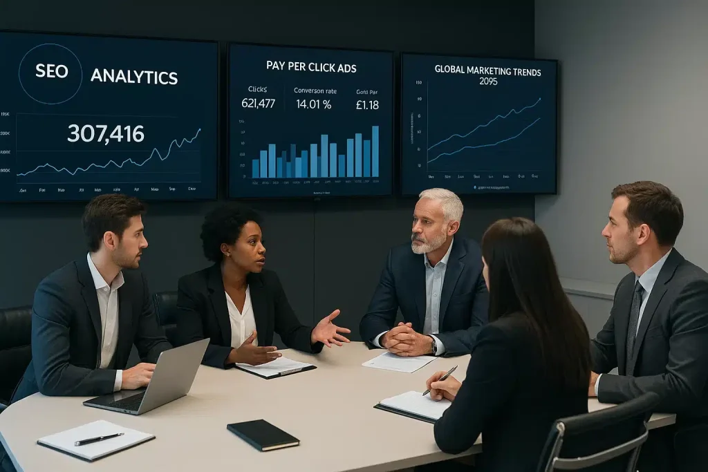 Marketing professionals analysing SEO and PPC performance dashboards with 2025 marketing trend data.