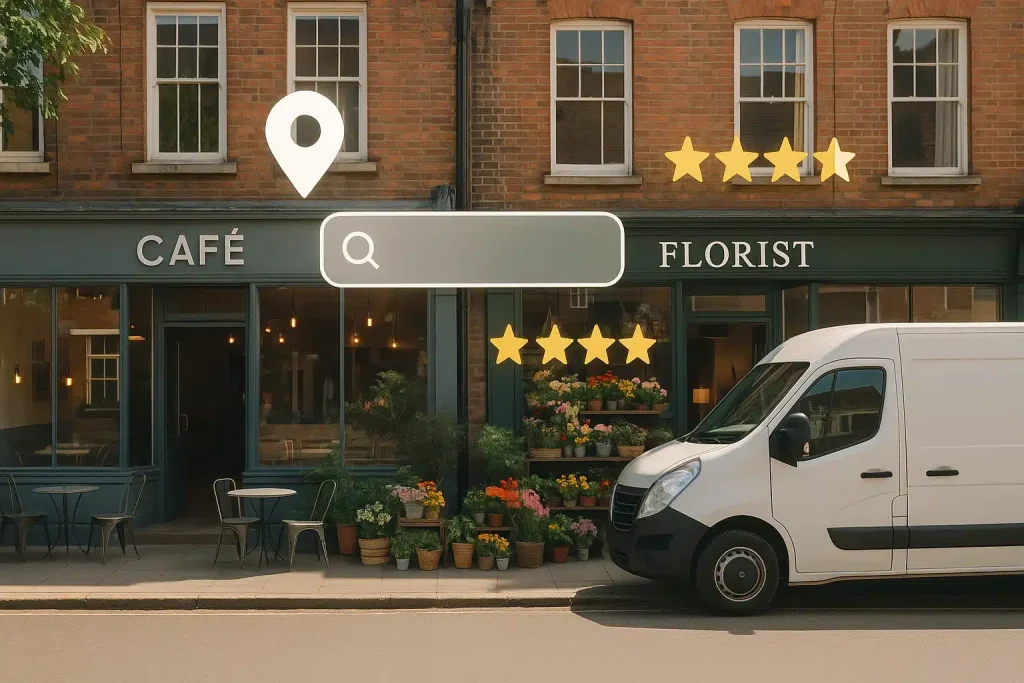 UK high street with small businesses and digital icons representing local SEO.