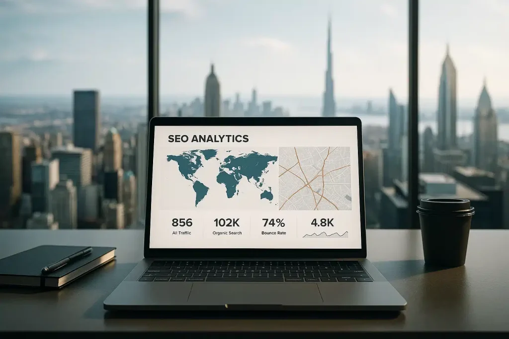 Laptop showing SEO analytics with global and local maps, symbolising international and local SEO strategies.