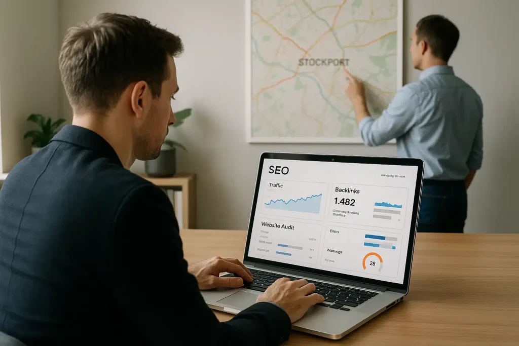 Digital marketing professional reviewing technical SEO and link building data to improve local search rankings for a Stockport business.
